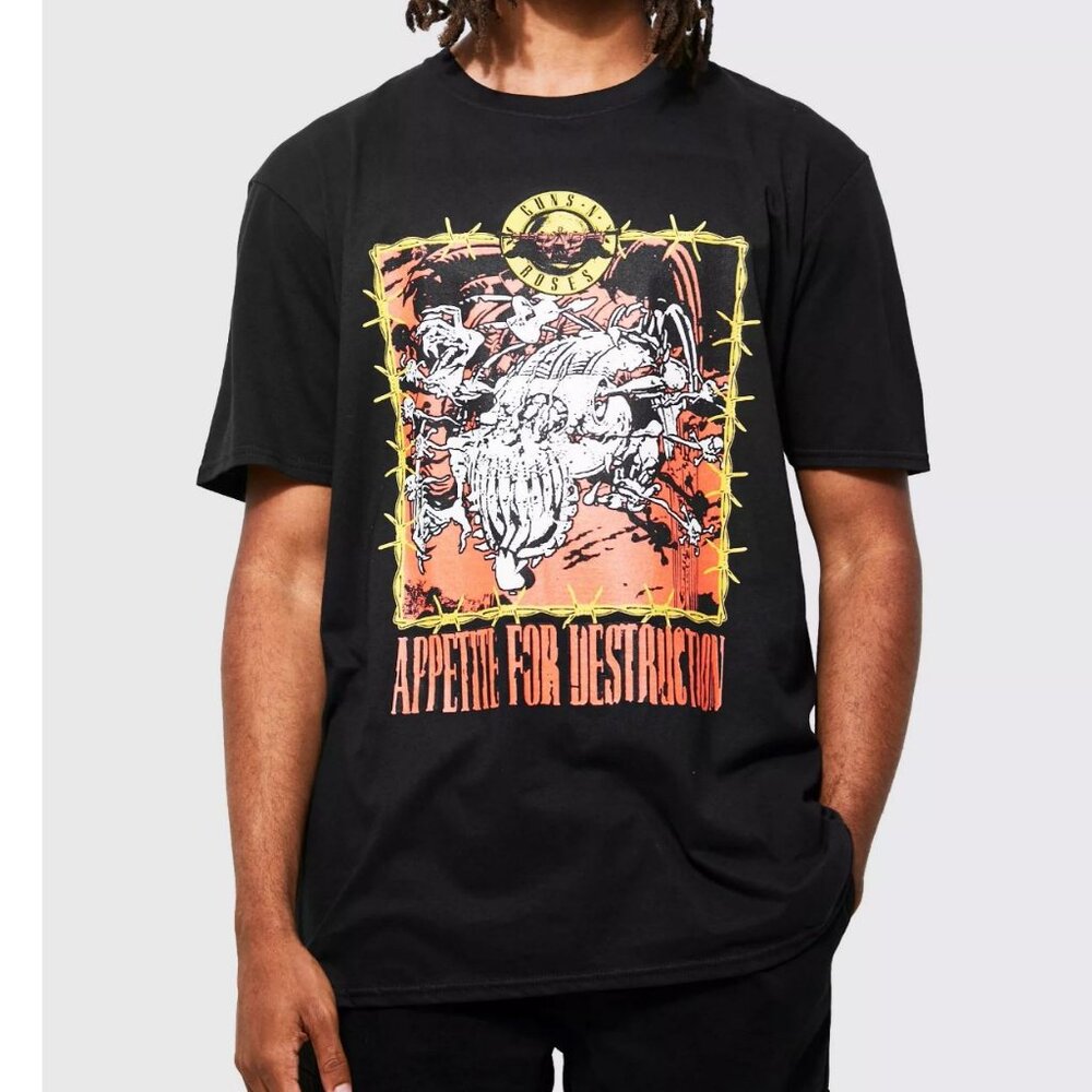 Boohoo Mens Charcoal Black Oversized Guns'N'Roses Licensed Screenprint T-shirt L